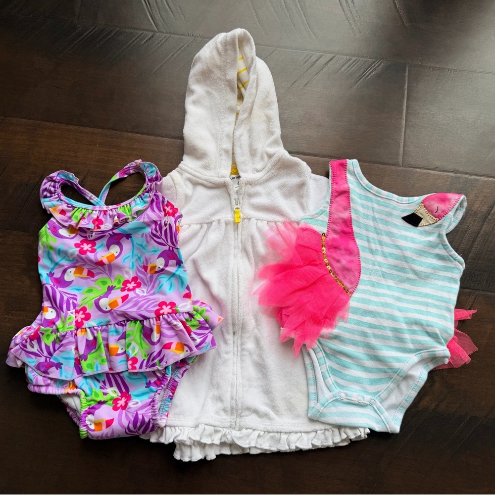 i play. White Hooded Terry Cover-Up with Pink, Purple & Mint One-Pieces